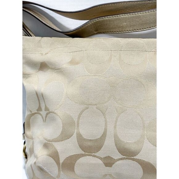 Coach Beige Signature Canvas C Print Canvas Leather Trim Hobo Shoulder Bag Gold - Picture 2 of 12